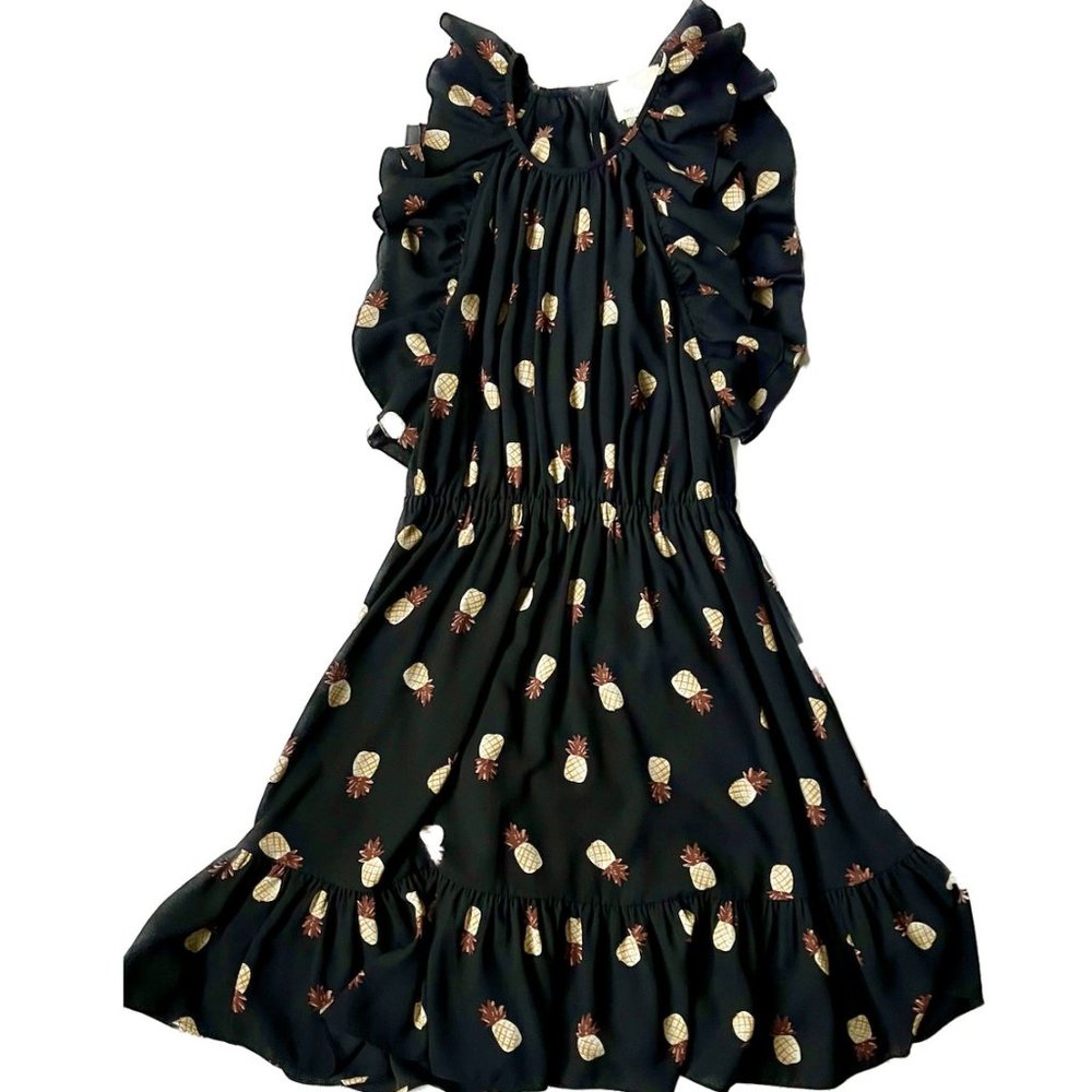 Kate Spade Pineapple Print Dress Black Ruffle Small